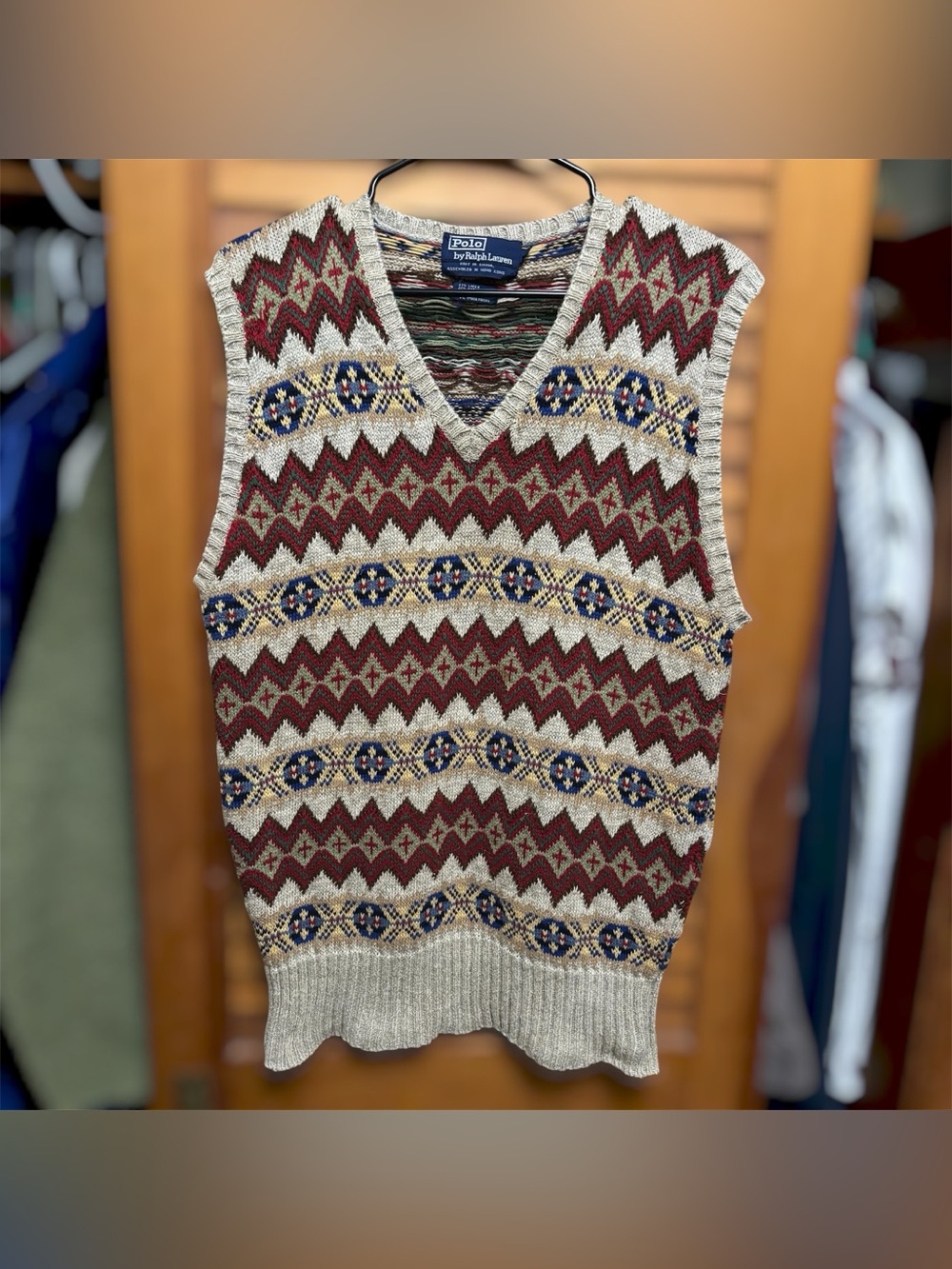 Vintage Polo Ralph Lauren Fair Isle Sweater Vest V-neck Knit Silk Linen Blend L